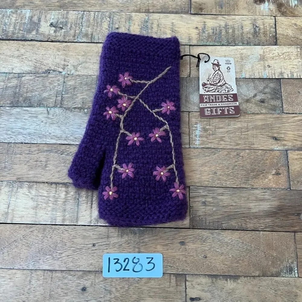 Andes Gifts Han-Knit Fingerless Gloves Purple Floral Embroidery NWT